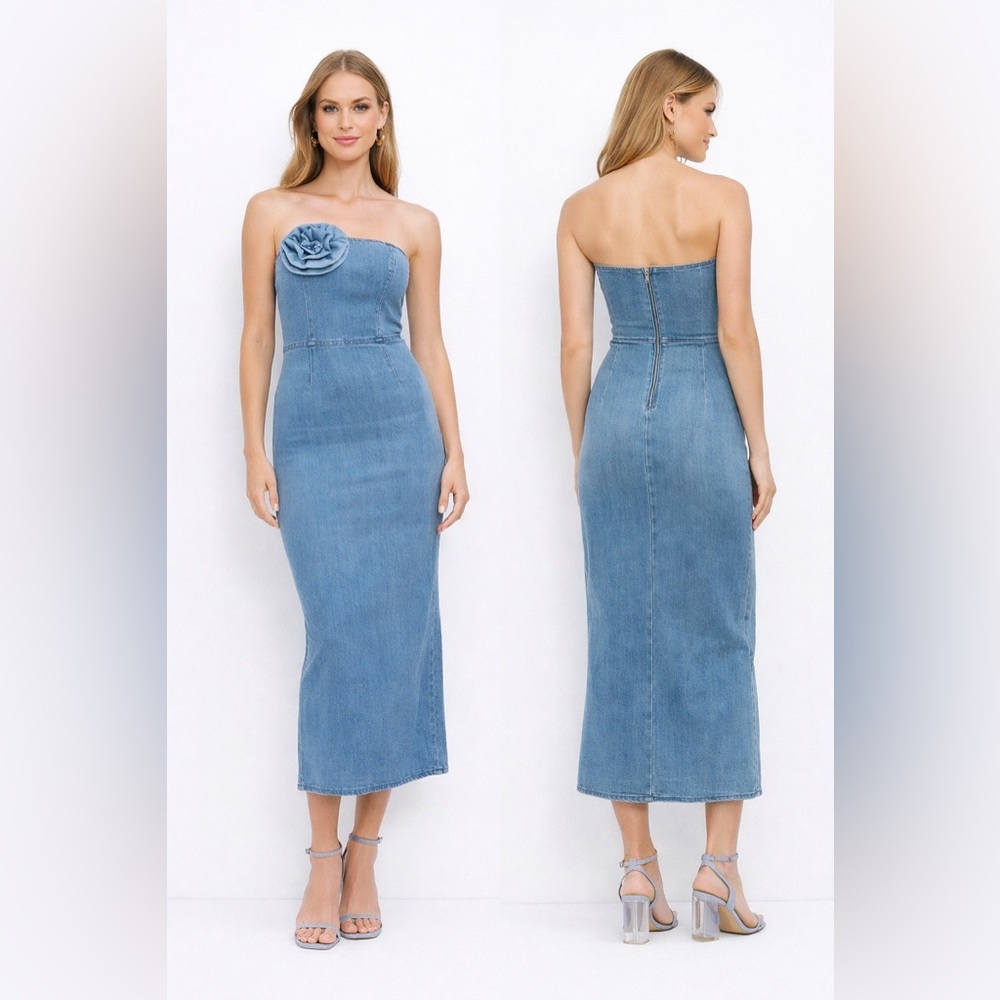 NWT Torn by Ronny Kobo Renee Strapless Denim Midi Dress Floral Detail Size S